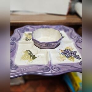 Vintage Tabletops Unlimited Handpainted Merlot Serving Platter with Dipping Bowl